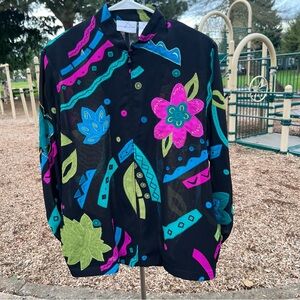 Alfred Dunner Retro Black and Pink flowers embroidered multicolor size 10 zipper